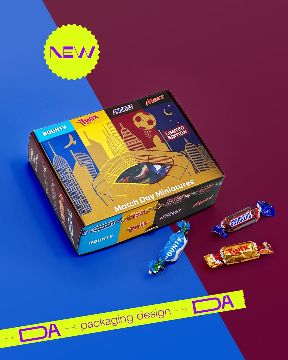 DAbranding_pro's tweet photo. We are finally ready to share with you our latest project- a #packagingdesign for a limited edition of Mars chocolate selection made specifically for the Qatar #WorldCup 2022! 

#fifa #worldcup #Qatar #football #chocolate #bounty #twix #mars #snickers #branding #packagingdesign https://t.co/OfYdcmc1OF
