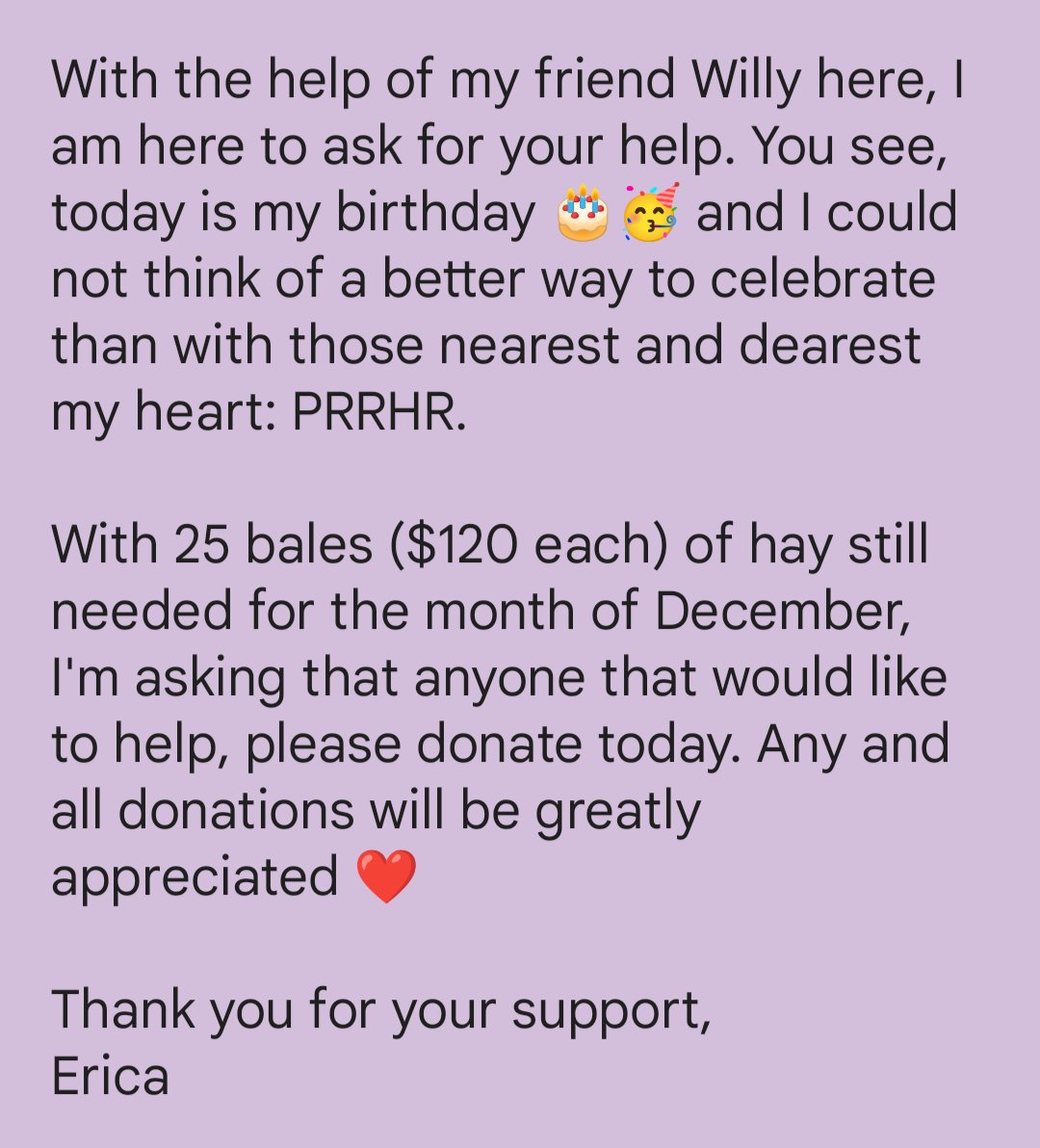 🎂 Would you like to help me celebrate my birthday? Details are in the write-up below 🥳
Thank you!!
💗Erica
Our donation links: 
Linktr.ee/PRRHR
#Horse #Rescue #Donate #Give #Gift #Support #Birthday #Love #Help #GivingSeason #GiftIdeas