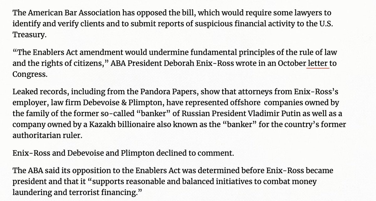 The Enablers Act was a key legislative response to @ICIJorg @washingtonpost's #pandorapapers So when it was blocked last week, I dug into the anti-Enablers camp. Turns out the ABA president's global law firm helped Putin's former 'banker' among others icij.org/investigations…