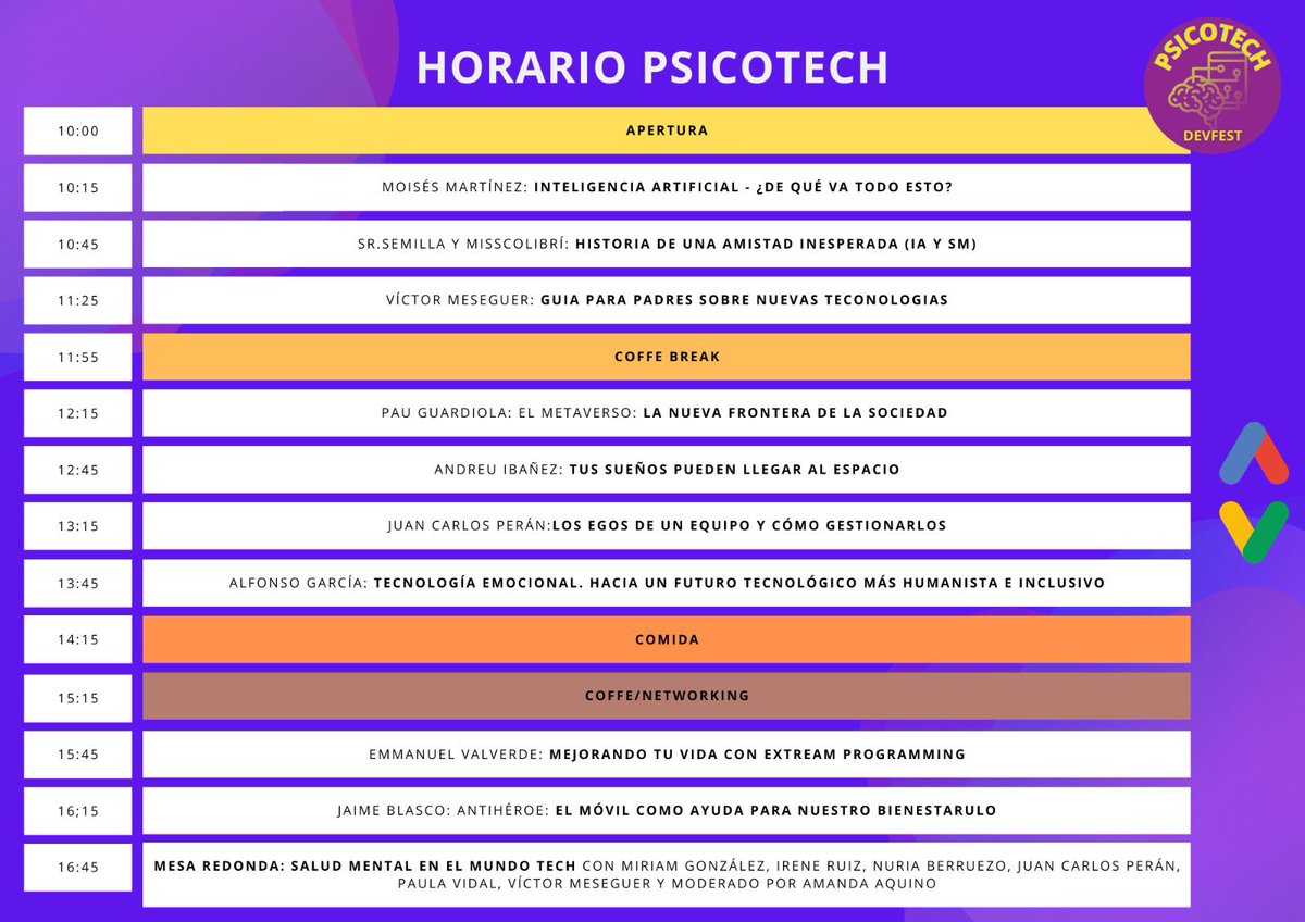 Aquí tenéis el horario tan esperado del PsicoTech, no os lo perdáis ✨🟪🟨

🎟️ gdg.community.dev/events/details…
@GoogleDevEurope <a href="/UCAM/">UCAM Universidad</a>