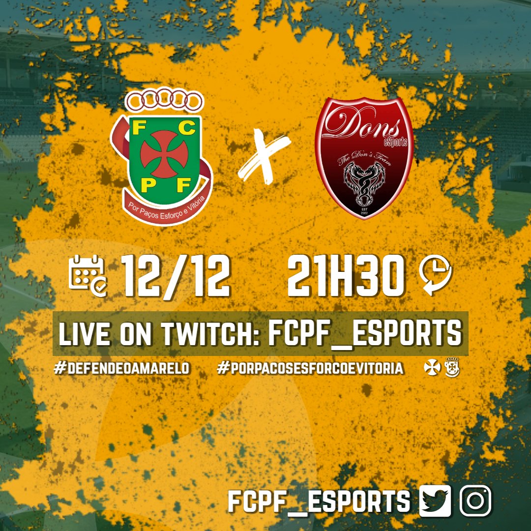 FC Paços de Ferreira ESPORTS (@fcpfesports) on Twitter photo 🔰 Hoje entramos em campo para disputar a master league <a href="/VPLglobal/">Virtualproleague</a> e queremos os 3 pontos para continuarmos na luta pelo 1° lugar.
⏰️ 21H30
🆚️ Dons Esports 🇷🇴
🖥 twitch.tv/fcpf_esports
#defendeoamarelo 🔰 Hoje entramos em campo para disputar a master league <a href="/VPLglobal/">Virtualproleague</a> e queremos os 3 pontos para continuarmos na luta pelo 1° lugar.
⏰️ 21H30
🆚️ Dons Esports 🇷🇴
🖥 twitch.tv/fcpf_esports
#defendeoamarelo
