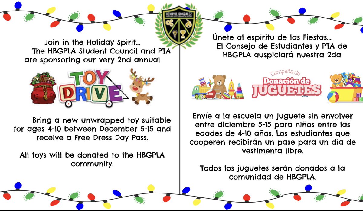 🎄Season greetings! Help us spread some holiday cheer. 🎅🏽Your donations are greatly appreciated. <a href="/HBGonzalezPLA/">Henry B. Gonzalez PL Academy</a> <a href="/HbGonzalezPta/">Henry B. Gonzalez PTA</a>