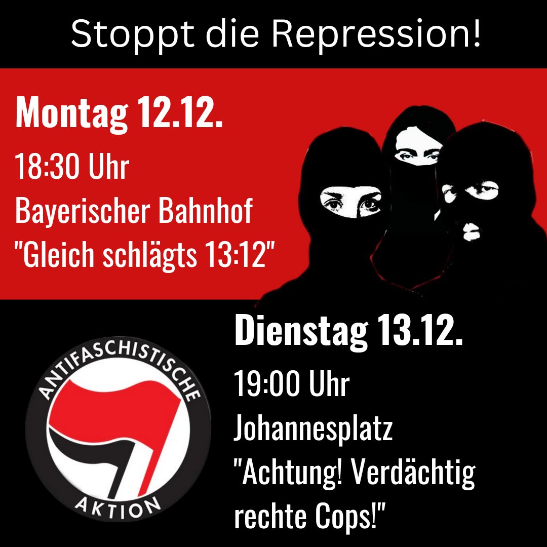 Space_Antifa's tweet image. Kommt alle am 12.12. und am 13.12 auf die Straße, um unseren Widerstand gegen die staatliche Repression und rechte Netzwerke in der Polizei in Leipzig und darüber hinaus stark zu machen! 
#le1212 #le1312 FCK Reichsbürger #Fckcops #1312