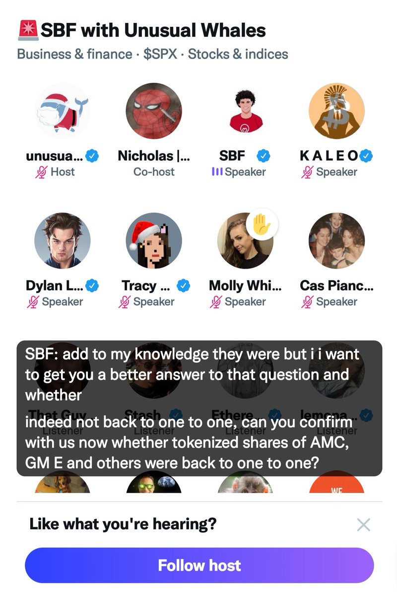 dantediss's tweet photo. SBF was Just asked if  AMC, GME, BBBY Tokenized Stocks were backed 1 to 1 by Actual Shares..
And he Responded with..
" To my Knowledge YES they Were "
Uh Oh https://t.co/RDnuTCCbww