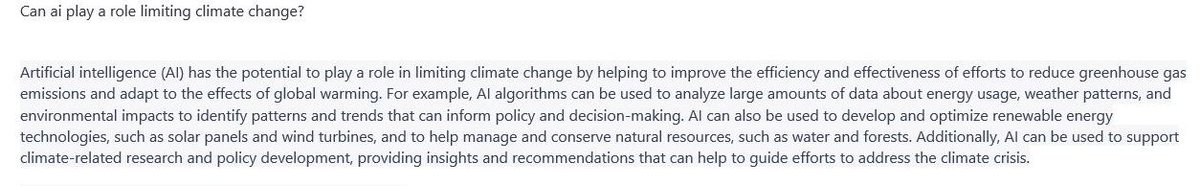 FredKrupp's tweet image. Artificial intelligence tool "ChatGPT" seems to get it, generally, re: climate change. Technology and innovation have enormous potential when it comes to helping us solve the climate crisis. But they’re nothing without strong ambition, and focus on the right impacts