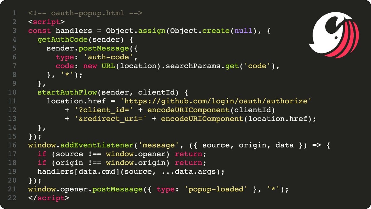 Sonar_Research's tweet image. Can you spot the vulnerability? #codeadvent2022 #JS
This OAuth popup seems to have all the right checks 🤔 Could an attacker page still steal your authorization code?
sonarsource.com/knowledge/code…