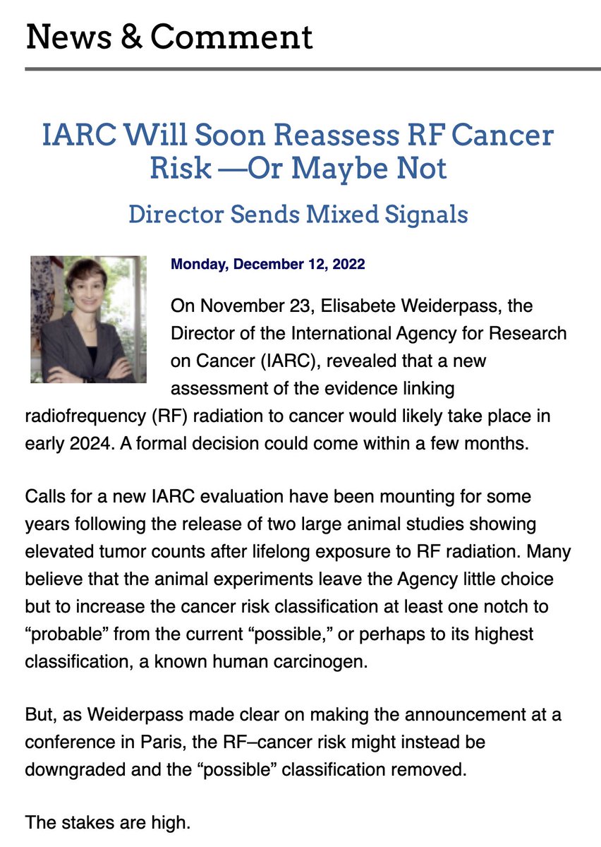 Big #RF decision by <a href="/IARCWHO/">IARC</a> coming soon.
Details in Microwave News, posted today.
#5G #IARC #cancer
microwavenews.com/news-center/ia…