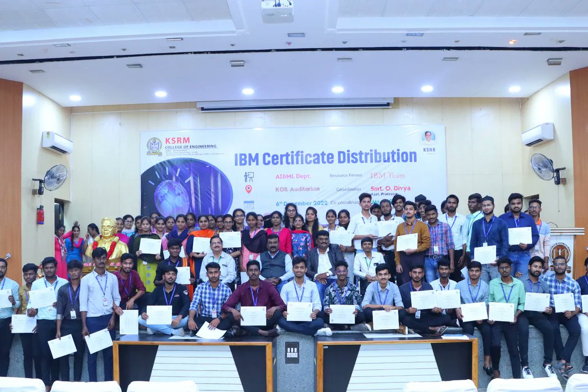 ksrmceofficial's tweet image. Department of AI&amp;amp;ML organized IBM Certificate distribution on 6th Dec 2022

#ksrmaiml #ksrmibm #ibm #KSRM #ksrmce #kandulagroups #engineering #kadapa #ksrmceclubs #jntua #AICTE #aishe #apsche #IntiativesofMHRD #ugc #iic