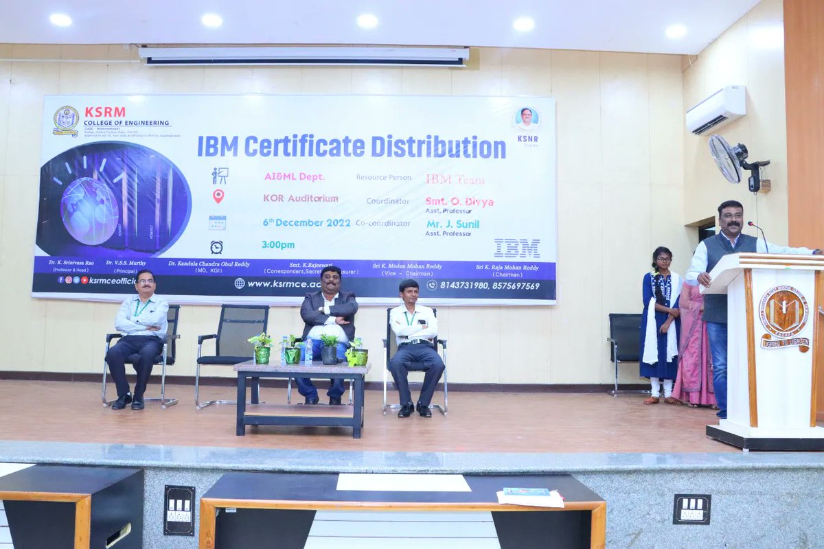 ksrmceofficial's tweet image. Department of AI&amp;amp;ML organized IBM Certificate distribution on 6th Dec 2022

#ksrmaiml #ksrmibm #ibm #KSRM #ksrmce #kandulagroups #engineering #kadapa #ksrmceclubs #jntua #AICTE #aishe #apsche #IntiativesofMHRD #ugc #iic