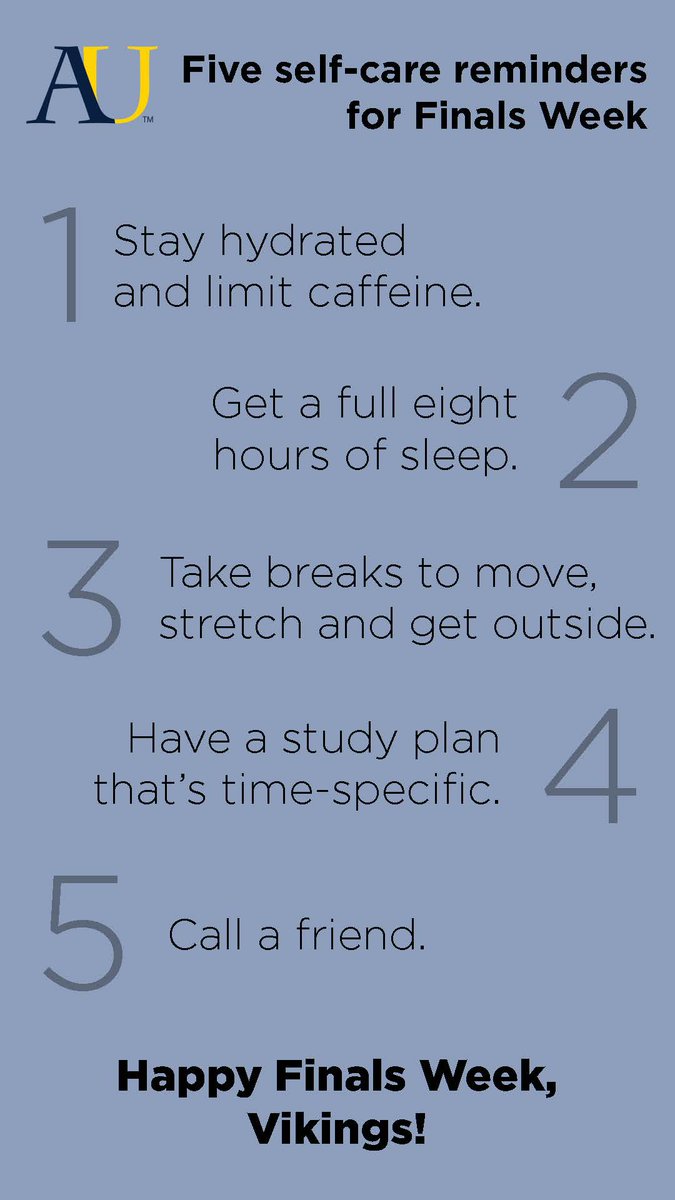 Happy Finals Week, Vikings!

This time of year can be a stressful time, but it's important to take care of yourself as well. Self-care yields success in the classroom.

#WeAreAU