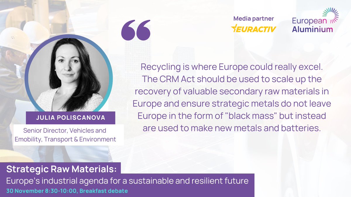The #CRMAct should provide clear guidance and measures to boost the transition to a thriving #CircularEconomy by supporting recycling♻️. 

#Aluminium can be recycled endlessly with no downgrading of quality + its process requires only 5% of the energy used for primary aluminium!