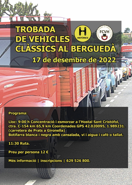 Trobada de Vehicles Clàssics al Berguedà!  

Aquest dissabte 17 de desembre tindrà lloc la trobada de #VehiclesClàssics al #Berguedà organitzada per un dels nostres clubs federats com és, <a href="/historicsorg/">Històrics</a>. 

Inscriu-te ja i reserva la teva plaça: fcvh.cat/ca/automocio/f…