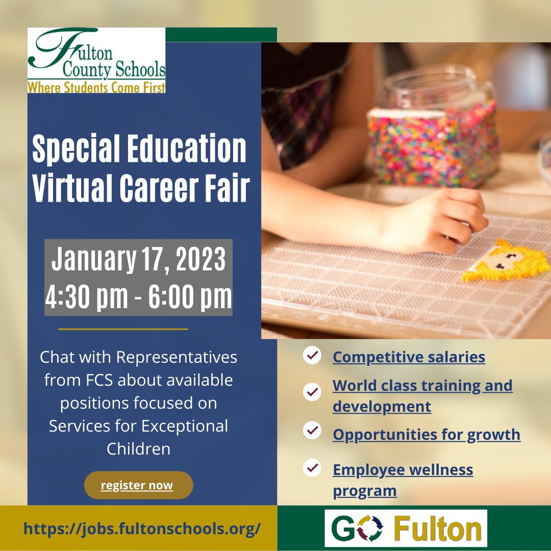 🚨Are you ready for the return of Talent Tuesdays?🚨 We're kicking it off with our Special Education Virtual Teacher Fair on 1/17/2023. Make sure to register today!! #TeachInFulton @FultonCoSchools @FCS_SEC 
Register Here: ow.ly/tmHu50M12ci
