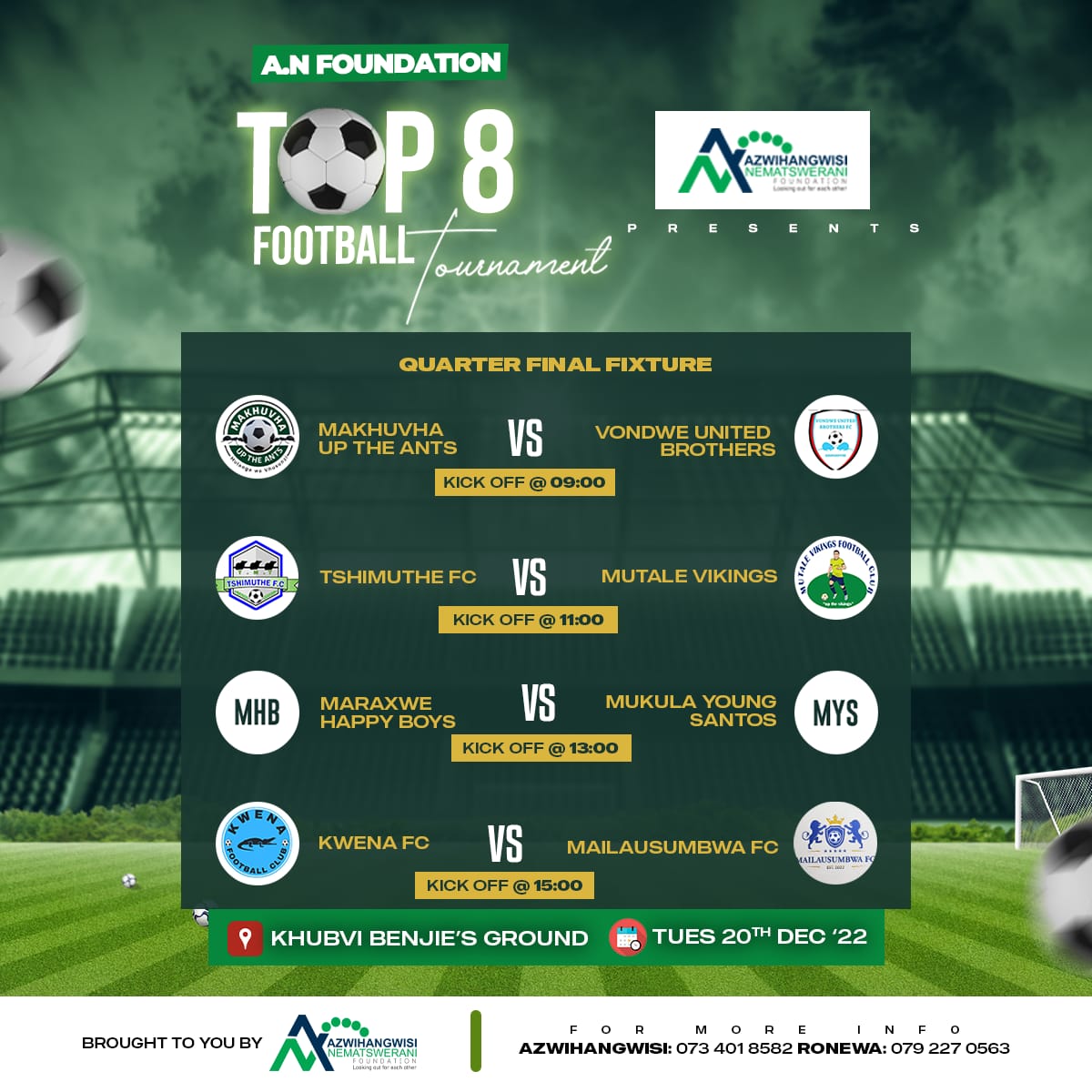 Your boy is hosting a tournament next week so if you're around Venḓa then, please pull through and support 🙏🏾 

📆20 &amp; 21 December 2022 
📍 Khubvi Benjie's ground