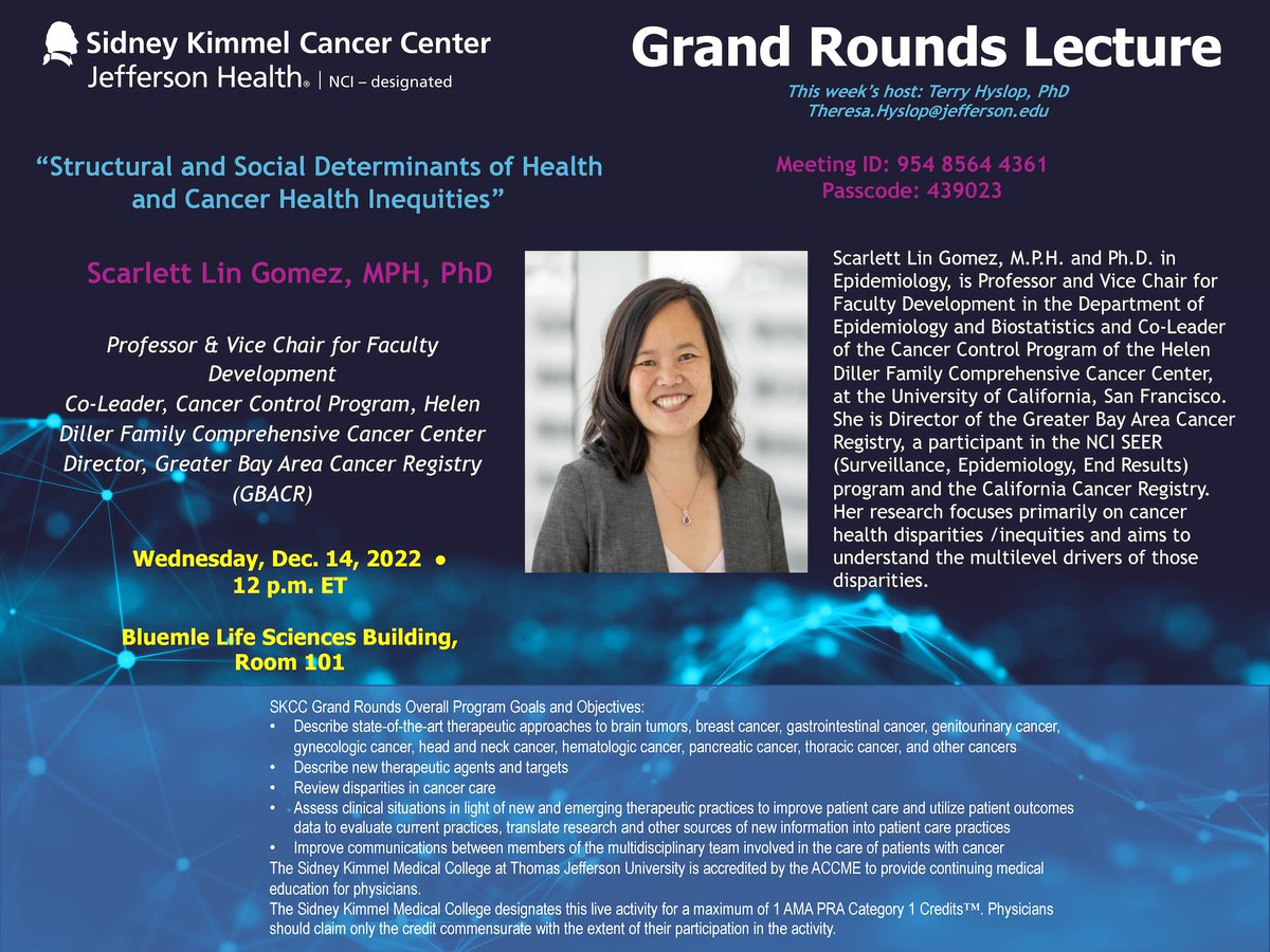 Sidney Kimmel Comprehensive Cancer Center (@kimmelcancerctr) on Twitter photo We're looking forward to Grand Rounds on Wednesday. <a href="/UCSFCancer/">UCSF Helen Diller Family Comprehensive Cancer Ctr</a>'s Dr. Scarlett Lin Gomez's lecture is on structural and social determinants of health and cancer health inequities. #SKCCGrandRounds We're looking forward to Grand Rounds on Wednesday. <a href="/UCSFCancer/">UCSF Helen Diller Family Comprehensive Cancer Ctr</a>'s Dr. Scarlett Lin Gomez's lecture is on structural and social determinants of health and cancer health inequities. #SKCCGrandRounds
