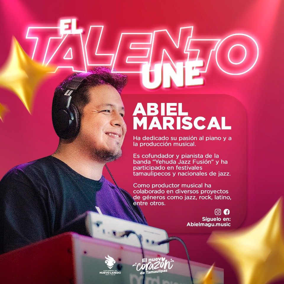 JazmiDu's tweet photo. ¿Conoces a Abiel Mariscal?
Quien posee un gran talento en el piano y la producción, además de ser cofundador de la banda "Yehuda Jazz Fusión".✨
Talento 100% Neolaredense @Carmenliliacrv  #NuevoLaredo #Tamaulipas https://t.co/xiJ1R3OEnW