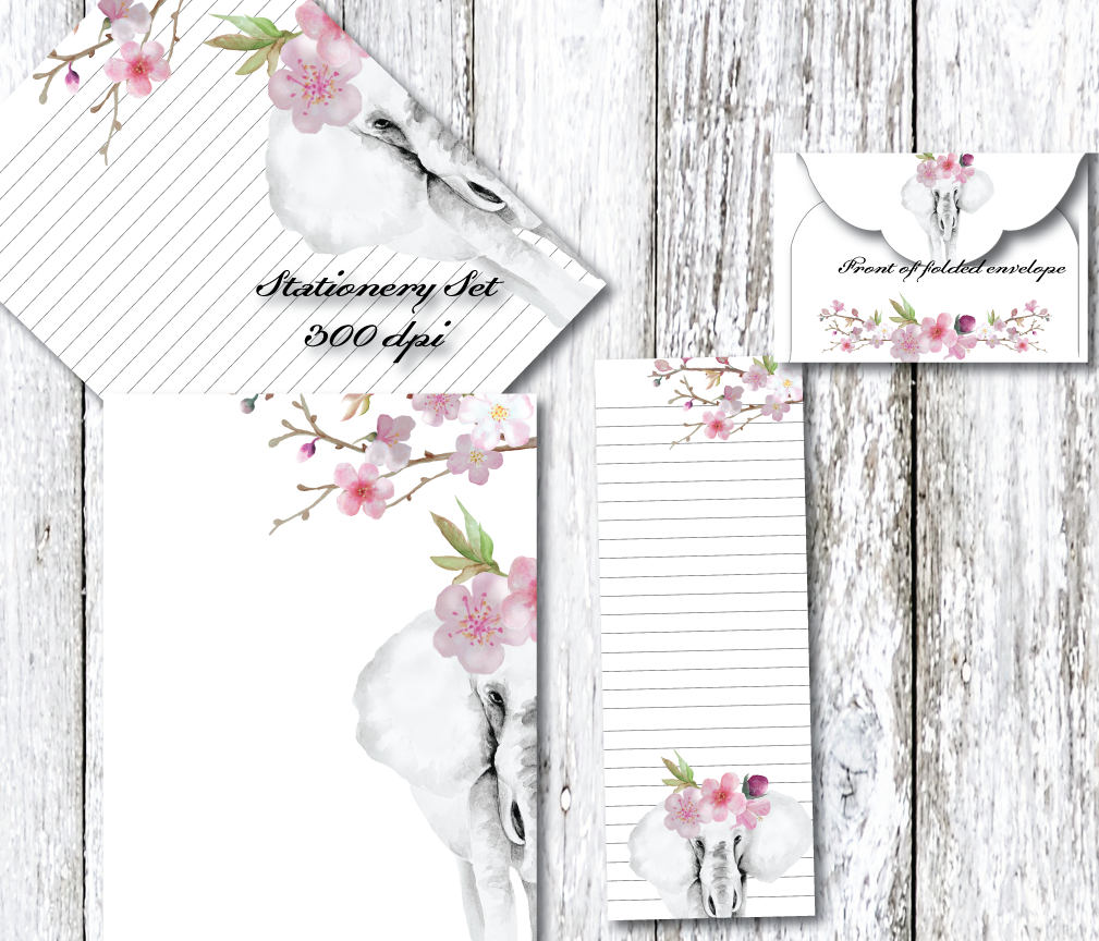 Elephant Cherry Blossom Digital Paper Pink Stationery Paper Printable Stationary Paper Writing Paper Envelope Template Note Paper etsy.me/3YrH93s #pink #gray #digitalpaper #digitalstationery #writingpaper #journalpaper #journalnotes #floralpaper #weddingpaper