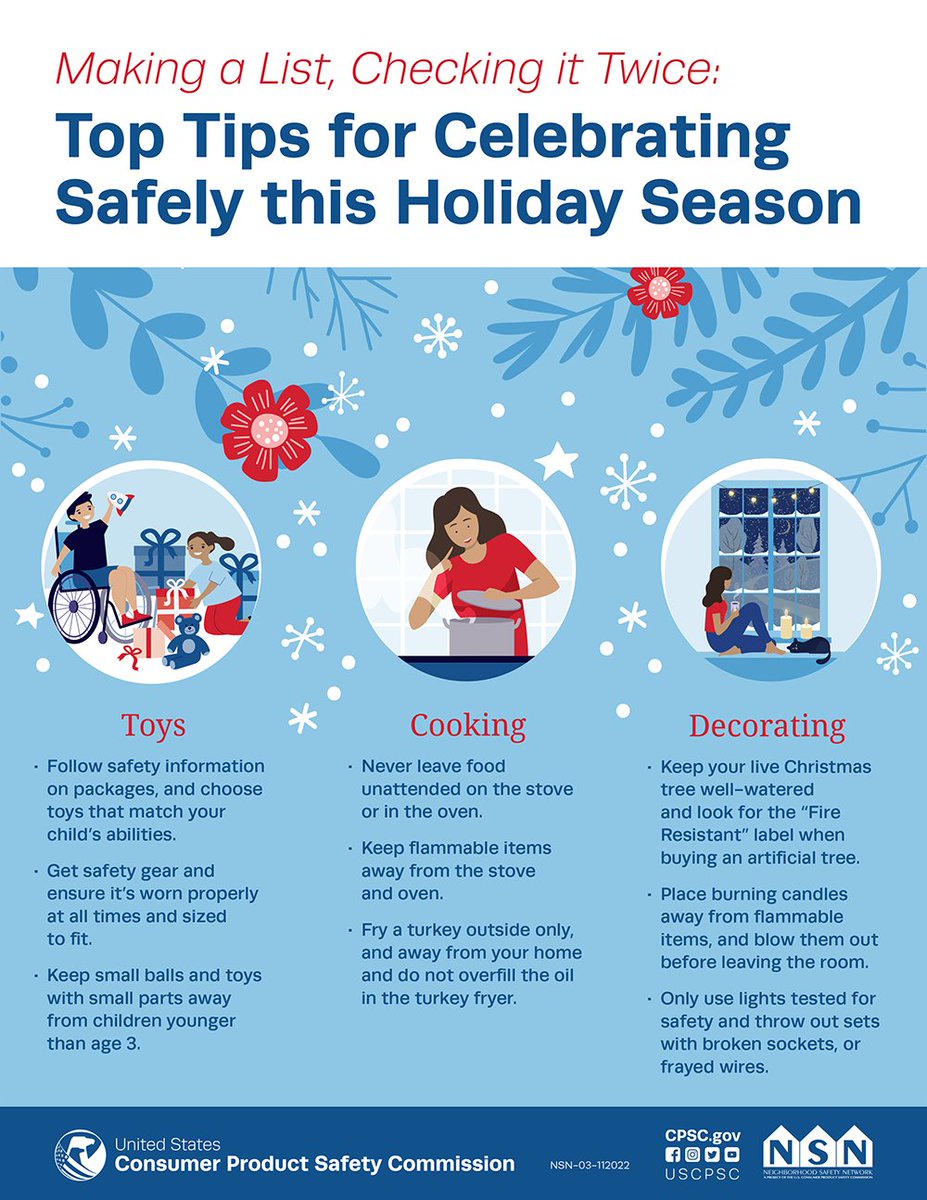 The <a href="/USCPSC/">US Consumer Product Safety Commission</a> website lists some #holiday safety tips for toys, cooking, and decorating. 

Check them out here: cpsc.gov/Safety-Educati…