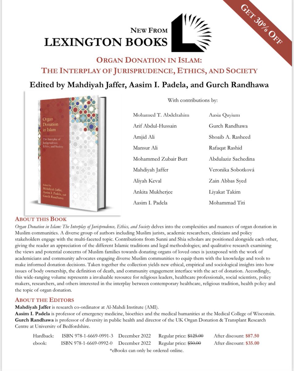 Dedicated to <a href="/AmjidAli_UK/">Amjid Ali</a> 🙏🏽Available to pre-order! Seminal edited volume #Islam #Organdonation #Bioethics #IslamicBioethics with Mahdiyah @AMIOutreach &amp; <a href="/aasim_padela/">Aasim I. Padela</a> with @RLPGBooks  rowman.com/ISBN/978166690… <a href="/BritishIMA/">British Islamic Medical Association</a> <a href="/MuslimOrganDonr/">MuslimOrganDonor</a> <a href="/MuslimCouncil/">Muslim Council of Britain</a> <a href="/pav_akhtar/">Pav Akhtar (personal account/views)</a> <a href="/MahmudNawaz/">Mahmud Nawaz</a>