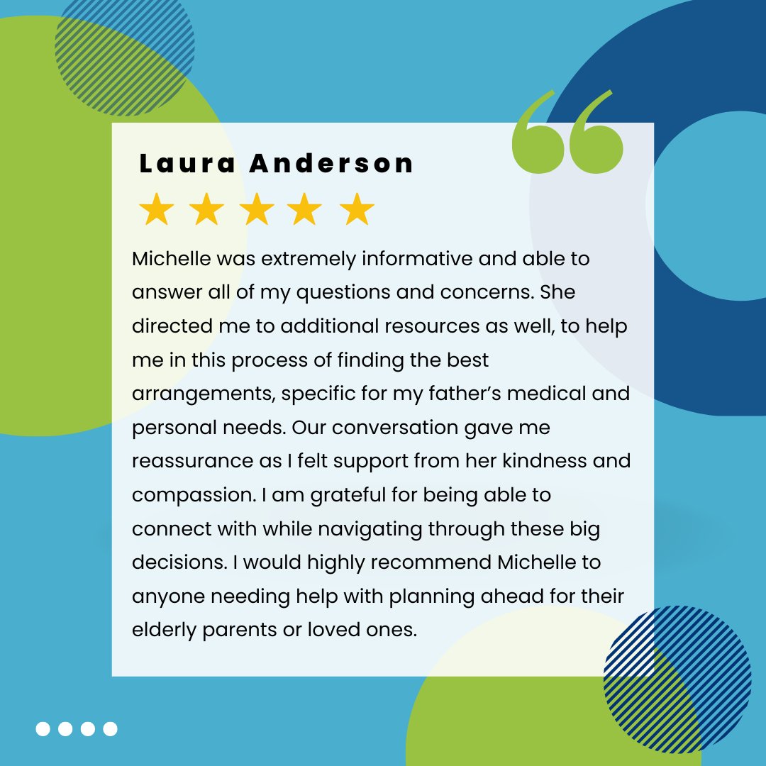 Thank you, Laura! Michelle is passionate about providing seniors with the best solutions. She will work with you and your family through the entire senior living search, and make sure that you are on the right track!