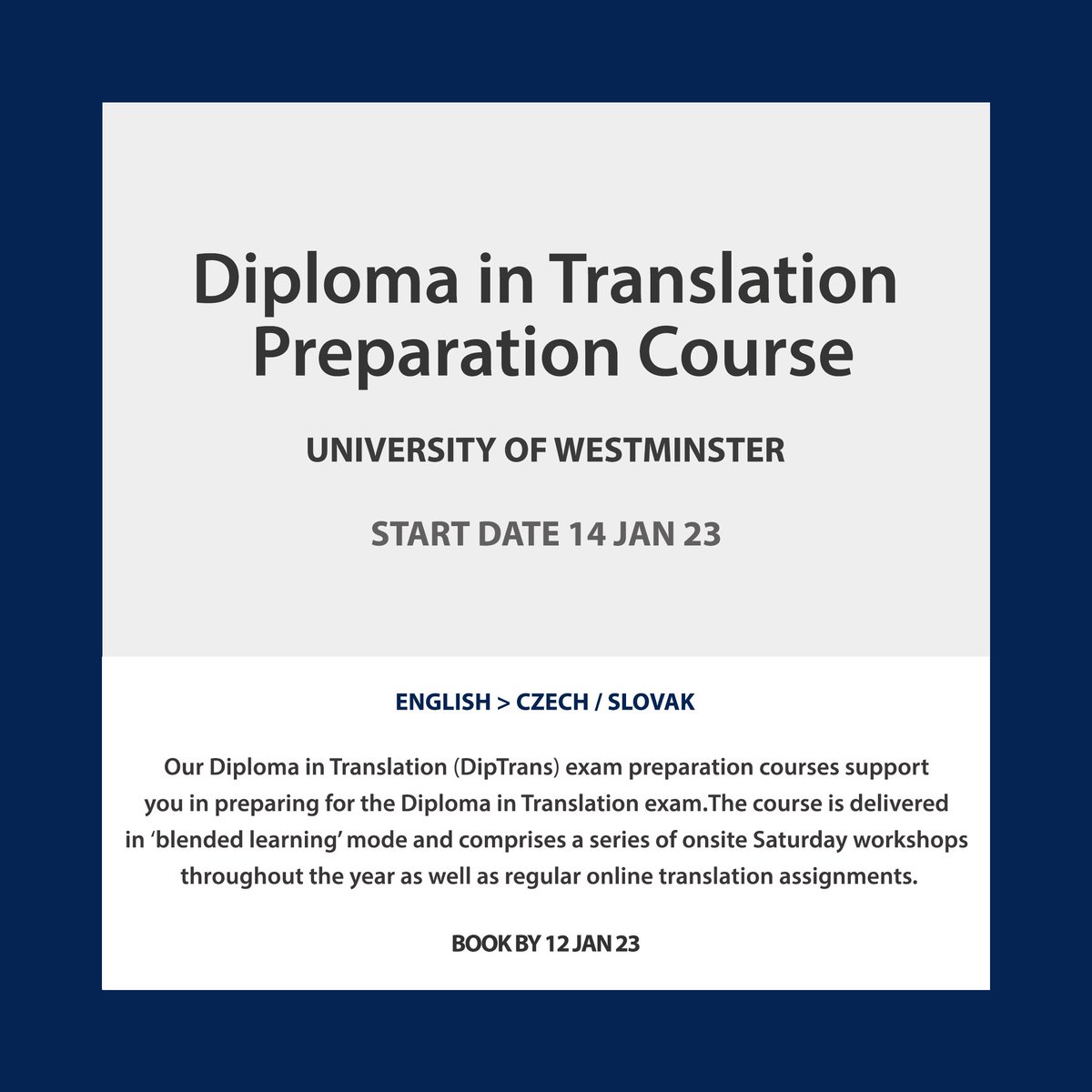 KateAWeir's tweet photo. If you want to formalise existing translation skills, prepare for the 
Jan 24 CiOL Dip Trans exams with one of our courses. Our course 
now includes free access to 2 x CAT taster courses. https://t.co/HvMFGcPx82 https://t.co/qTOdgE0PcJ