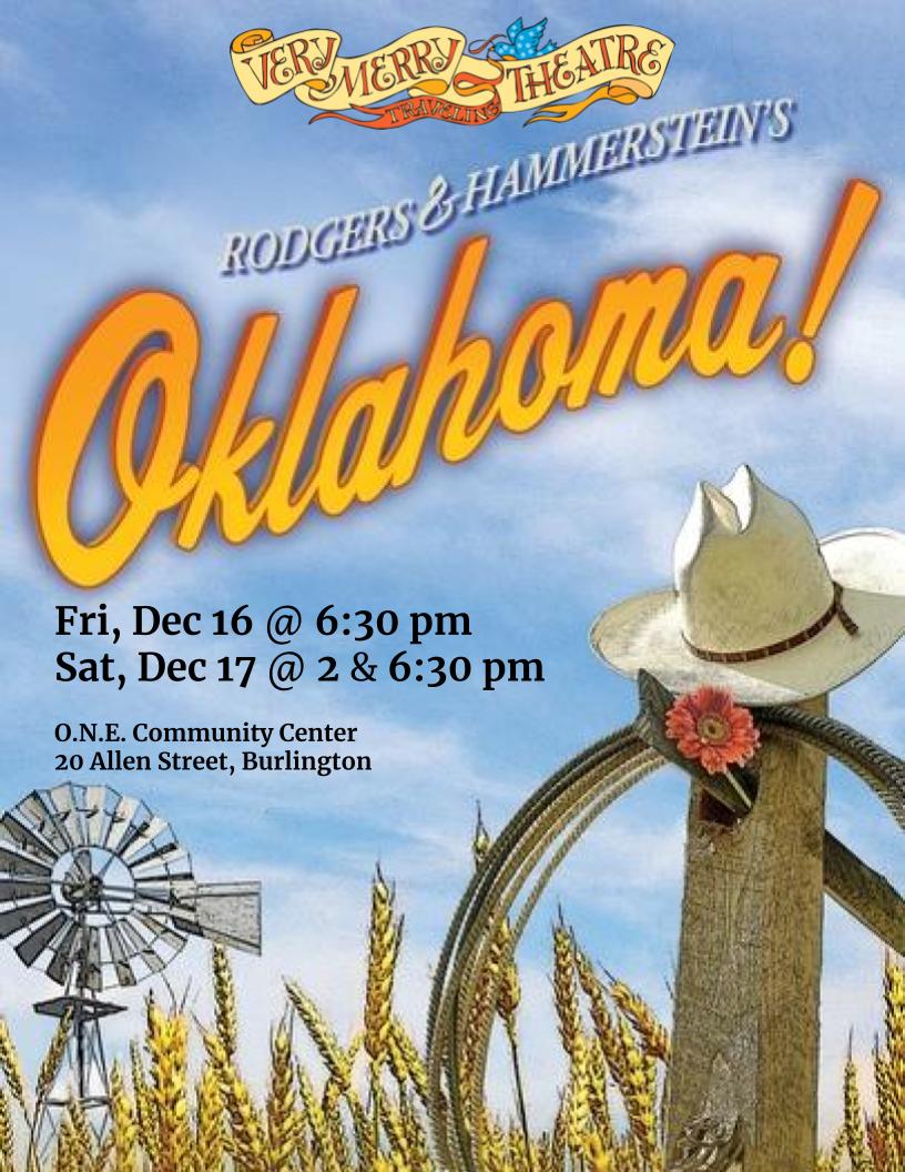 VeryMerryVT's tweet photo. Join us for free performances of ‘Oklahoma!’ December 16 &amp; 17! - https://t.co/HtcKvnVueA https://t.co/iKP1tTLEPn