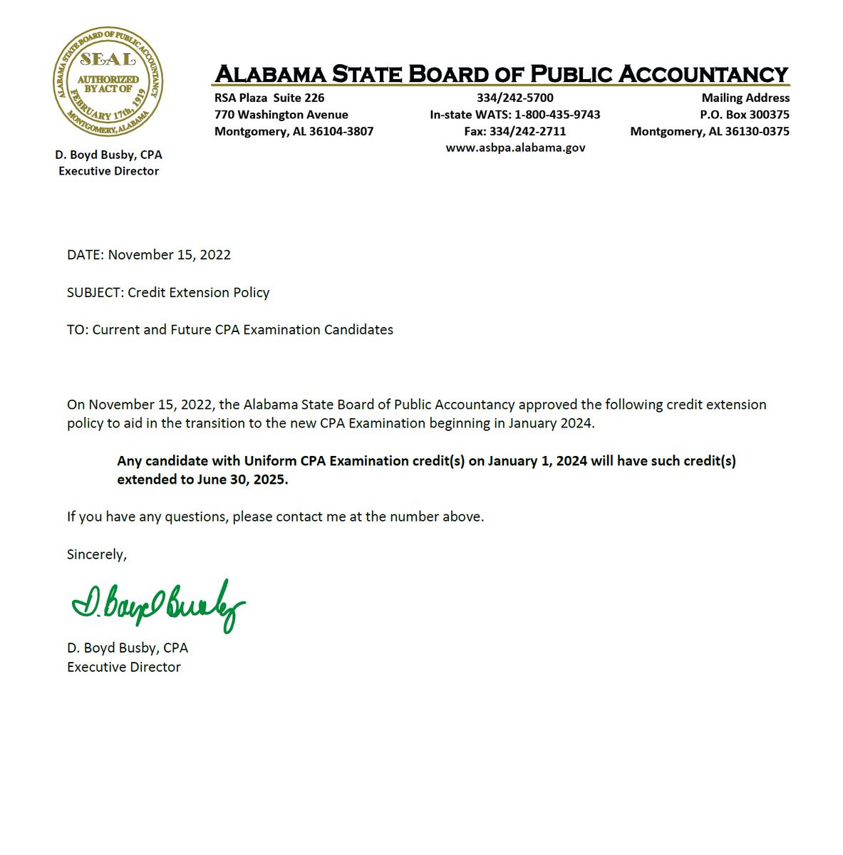 See notice below regarding a credit extension policy to current and future CPA examination candidates that our Board passed at the November 15th, 2022 Board meeting. #asbpa #cpaexam