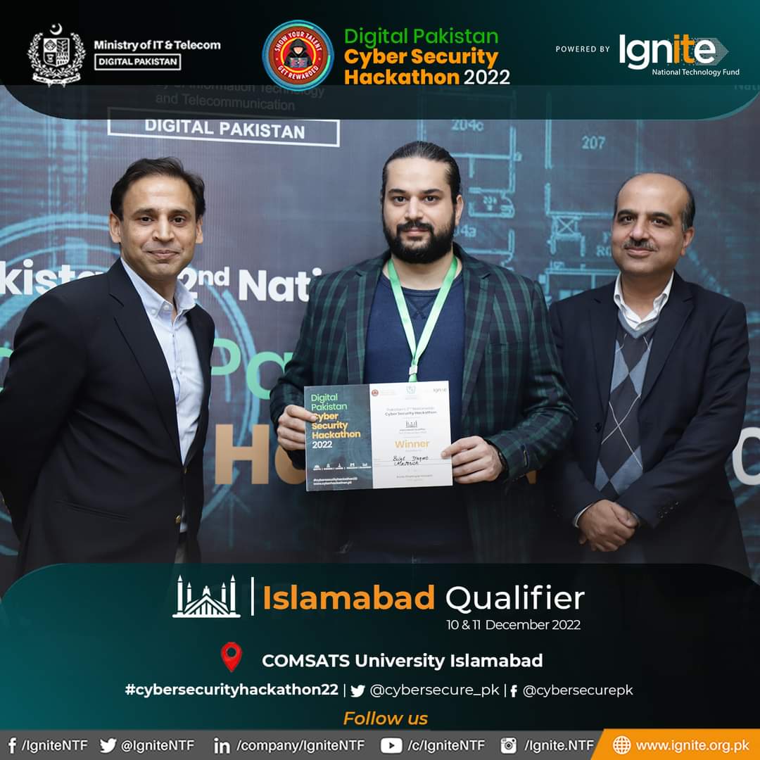 IgniteNTF's tweet photo. Kudos to Team Mavrick - Winner of Day - 1 #Islamabad Qualifier of Digital Pakistan Cybersecurity Hackathon 2022 organized by @IgniteNTF - Ministry Of IT & Telecom.
Pakistan's 2nd nationwide Cybersecurity Hackathon.
#MoITT #Ignite #cybersecurityhackathon22 #CSH2022 https://t.co/Th3t6HFK00