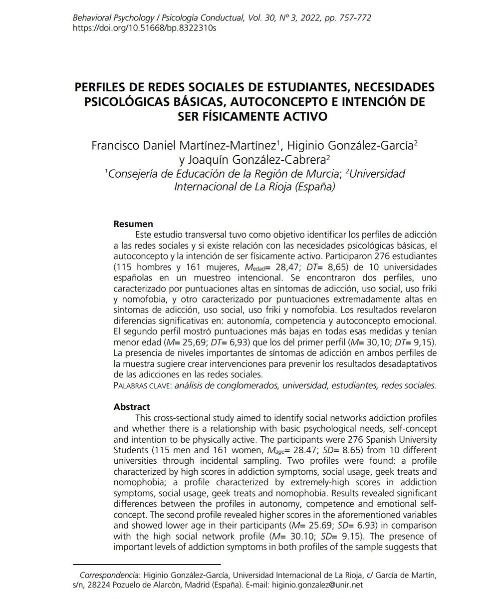 albercoke's tweet photo. Nuevo artículo publicado. "Perfiles de redes sociales de estudiantes, necesidades psicológicas básicas, autoconcepto e intención de ser físicamente activo".
https://t.co/Rq0Tl6xvpu https://t.co/AvUTctLVTX