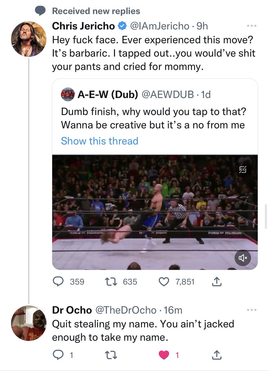 <a href="/WebIsJericho/">WebIsJericho.com</a> And then he got called out for stealing the Ocho name from semi-famous twitter personality Dr Ocho. <a href="/TheDrOcho/">Dr Ocho</a> who can be found every week on <a href="/StraightUp5Pod/">StraightUp5Podcast</a> and <a href="/RTWBrand/">RTW</a> only on <a href="/RadRobRadio/">Rad Rob Radio Network</a> with <a href="/radrobgaming/">The Raddest Of All Robs</a>