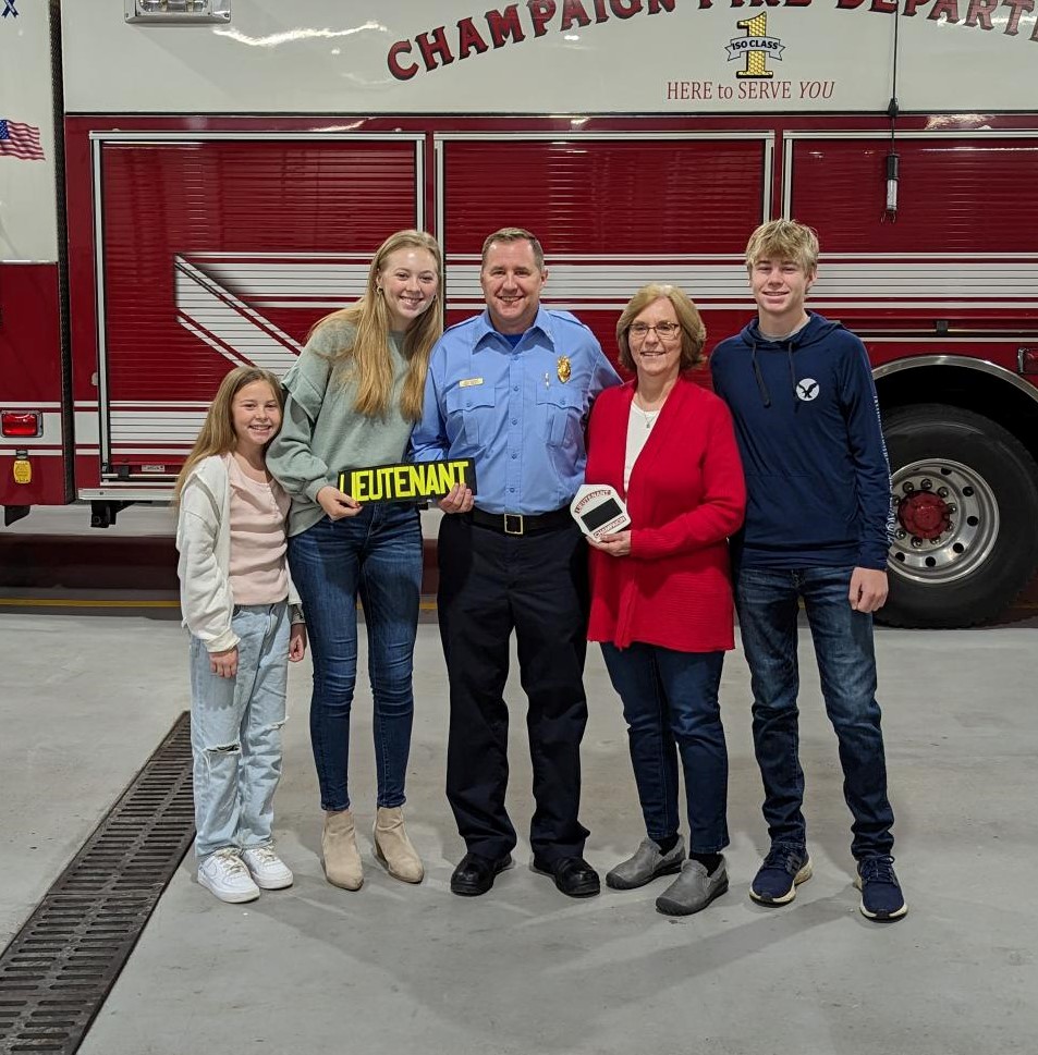 ChampaignFire's tweet photo. Chief Ludwig is pleased to announce Andy Pruitt has been promoted to Lieutenant!  Andy was pinned by his Uncle Ray and joined by his family.  Congratulations! https://t.co/eIU4hqkBSW