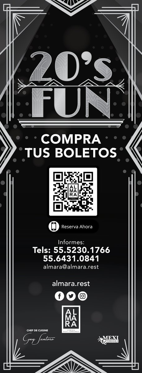 Ya queda poco tiempo. Compra tus boletos para la gran cena-baile con el tema de 20`s Fun. Hemos preparado muchas sorpresas para ti.
Reserva vía WhatsApp:wa.link/ell5jy
Tel: (55) 5230.1766
Correo:  reservas@almara.rest