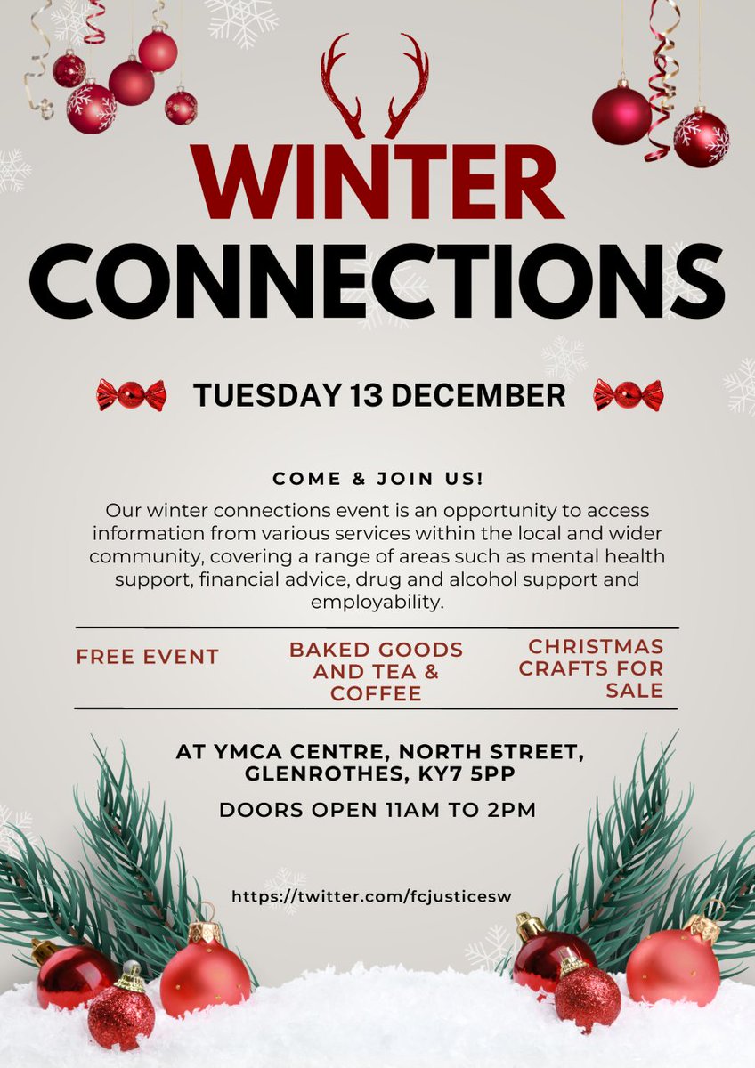 *Remember*
#WinterConnections event - tomorrow!
If you're in the Glenrothes area, pop in for home-baking, tea & coffee - a selection of Christmas crafts, and find out about help available #GethelpFife 
@fcjusticesw