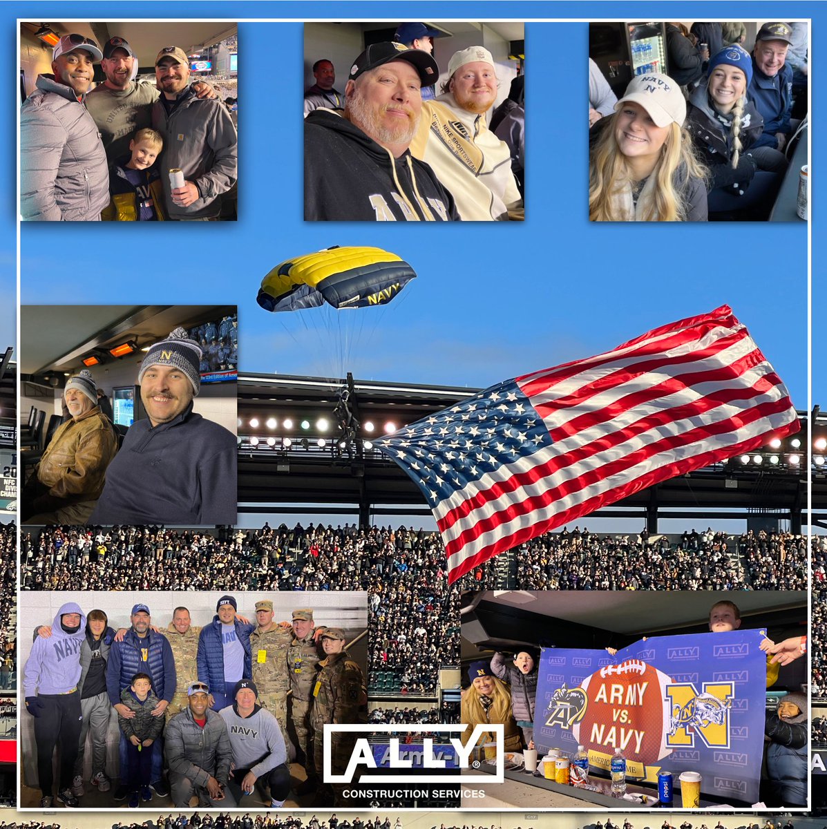 ALLYconstructs's tweet photo. We cannot think of a better way to celebrate our Veteran employees, partners, colleagues and clients than by enjoying the history-making double overtime #armynavygame! Sending big thanks to all who could join us :) #ALLYConstructionSvcs #ALLY4Vets #ArmyNavy https://t.co/lGm2vJ1Fgt