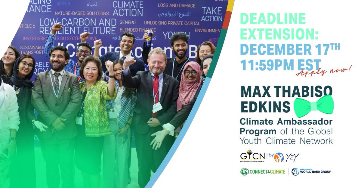 Connect4Climate's tweet photo. Great news: You have four extra days to submit your application to be a C4C / @Y2YWBG Max Thabiso Edkins Climate Ambassador! 🎉

If you're a young person interested in driving climate action in your community 🌍, apply now: https://t.co/IbYvJQcIIj https://t.co/p98xxG38Gi