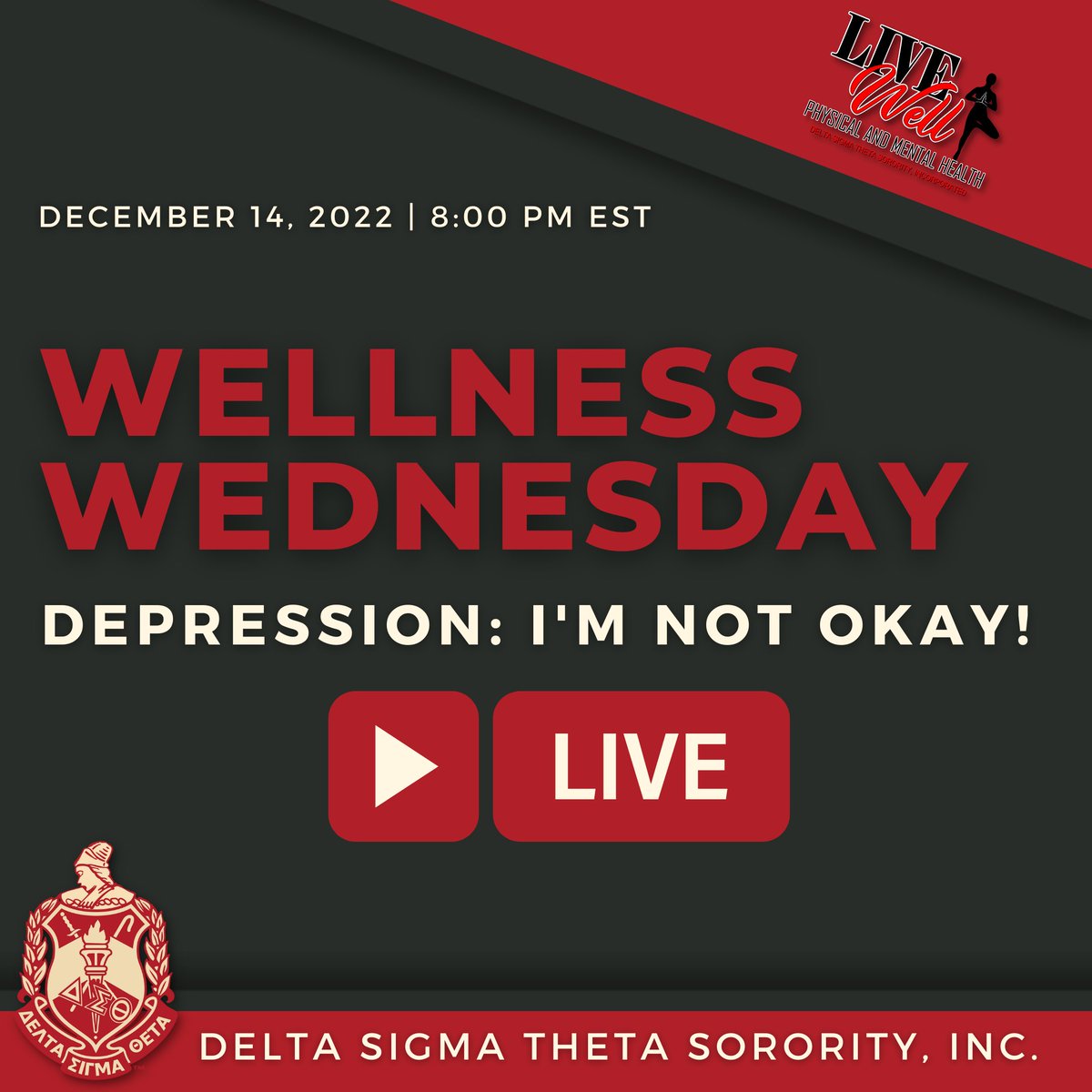 Join Delta Sigma Theta Sorority, Incorporated LIVE on Wednesday, December 14, 2022 for our next installment of #WellnessWednesdayxDST! 

Watch live on Facebook at 8:00 pm EST.

#DST1913 #EmpoweringOurCommunities #DSTLiveWell