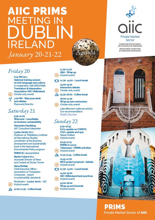 aiic_uk's tweet image. This January’s @aiiconline’s Private Market meeting in Dublin, Ireland, will focus on #sustainability, an important topic for the #events industry, and therefore for us, #interpreters. Join in the debates! All @aiiconline members & precandidates welcome. Friday open to all 🤗