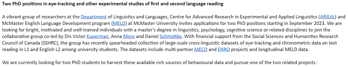 mac_readinglab's tweet photo. Two @SSHRC_CRSH funded PhD positions available in eye-tracking and other experimental studies of first and second language reading with a collaborative group co-led by @victor_kuperman, @danschmidtke &amp; Anna Moro https://t.co/8YCh9FXQxM https://t.co/ZF9exdgdUh