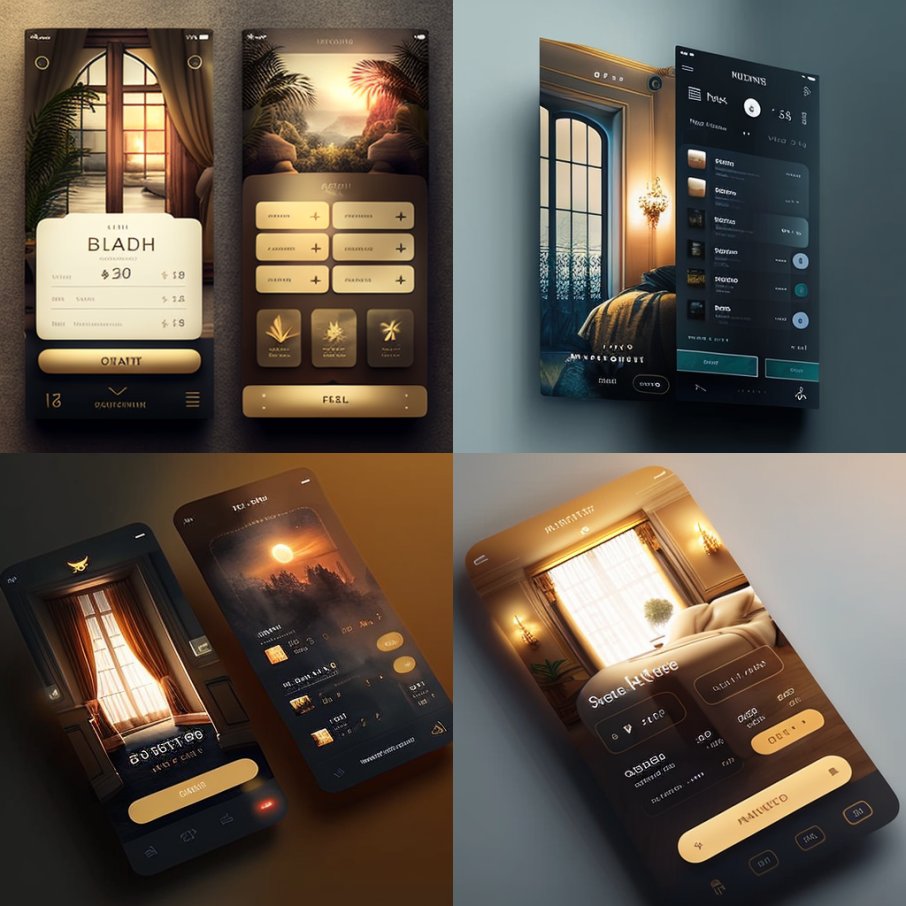 101babich's tweet photo. For anyone who doesn't believe that AI will replace design jobs: this is what you can create right now using @midjourney_ai using a text prompt "mobile app UI design, hotel booking, Dribbble, Behance --v 4 --q 2" https://t.co/iOfqWInmWU