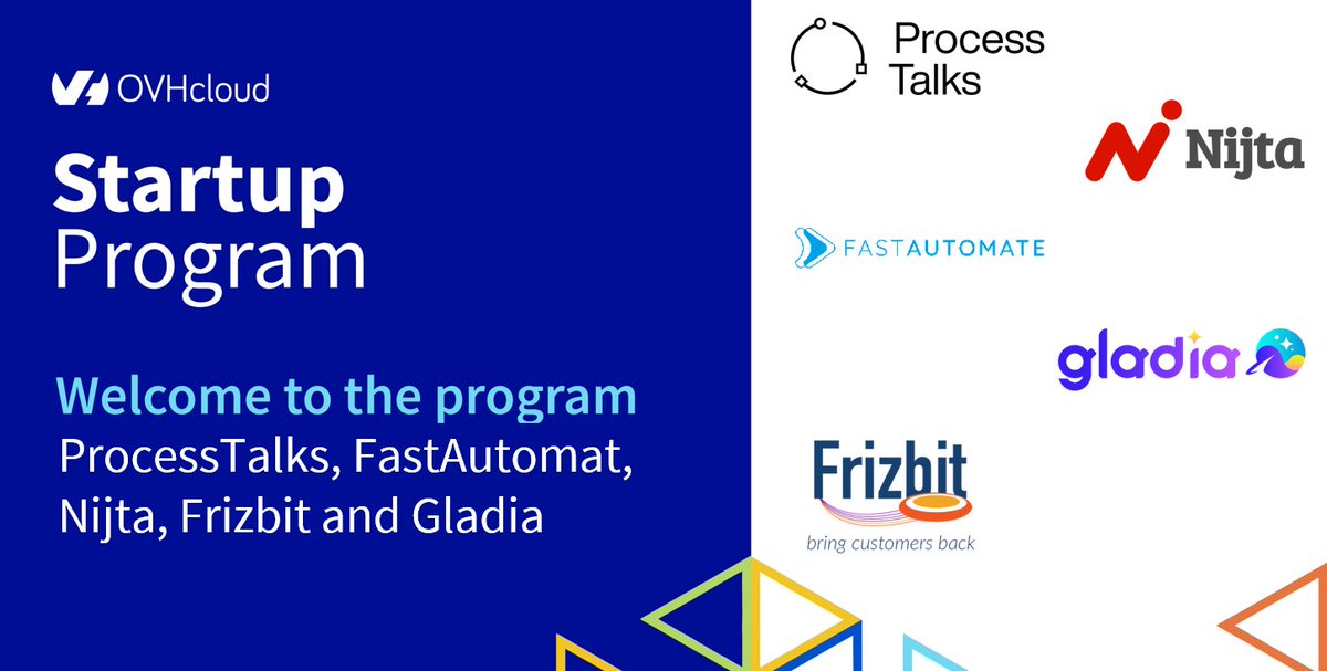 Twitter: 💪 Here comes a strong new batch of tech #startups 🤝 We are excited to welcome new members to the @OVHcloudStartup Program including @processtalks1, #fastautomate, @NijtaAI, @frizbitpush and @gladia_io #Cloud #Data #Tech