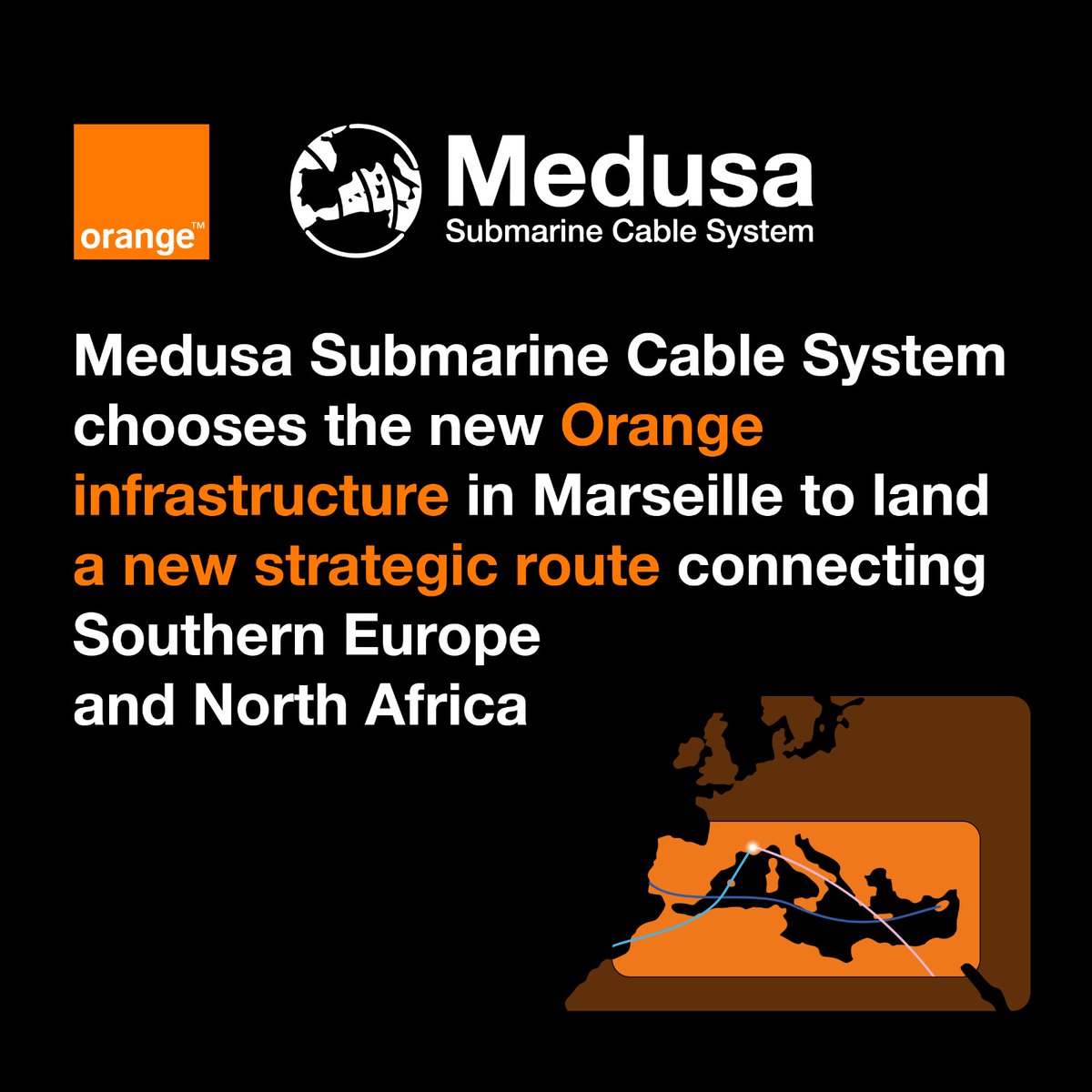 The <a href="/MedusaSCS/">Medusa Submarine Cable System</a> is partnering with <a href="/orange/">Orange</a> to land its new #cable connecting Africa to Europe 🤝 We'll provide simple, secure, and fully redundant access to all #data centers in Marseille, helping bring the shores of the #Mediterranean closer than ever 🌊 oran.ge/3FHPDvM