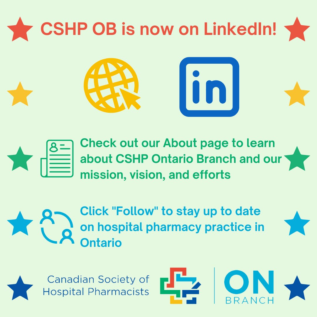 CSHP_OB's tweet photo. CSHP Ontario Branch is now on LinkedIn! 🎊

Follow our LinkedIn page to learn about our work on advancing pharmacy practice in Ontario's hospitals and collaborative healthcare settings, and how you can be a part.

Link: https://t.co/cQSuGsJVh2 https://t.co/hGVpl5zVdi