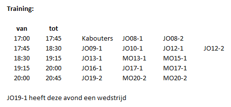 Aanstaande woensdag hebben wij weer de jaarlijkse oliebollentraining. Alle jeugdteams trainen woensdag volgens onderstaand schema.