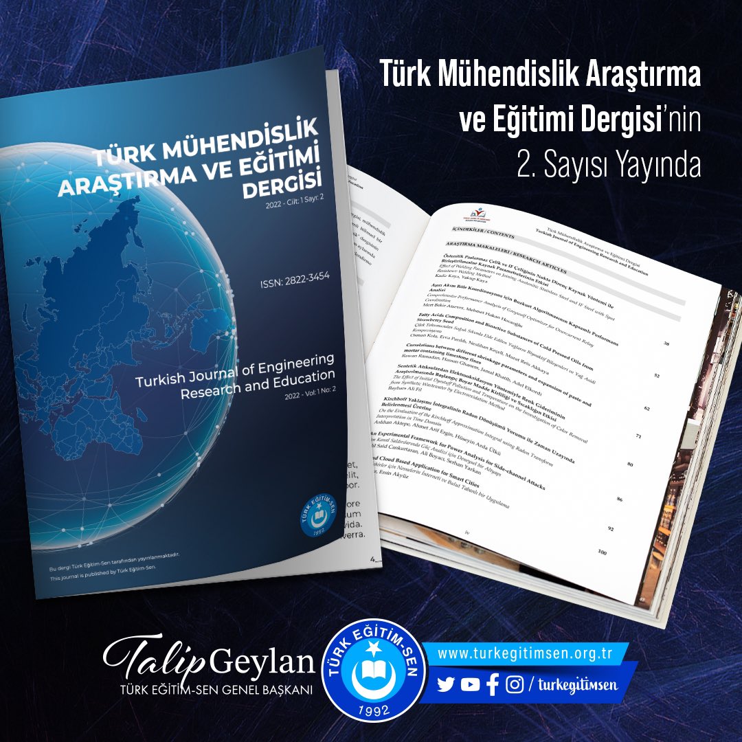 Türk Mühendislik Araştırma ve Eğitim Dergisi’nin 2. sayısı yayınlandı.
Emeği geçen arkadaşlarıma teşekkür ediyorum.
