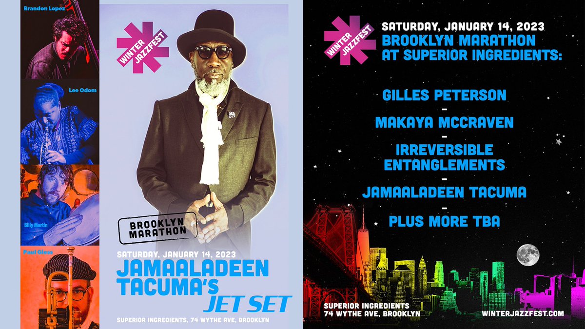 Jamaaladeen Tacuma (@tacumasong) on Twitter photo My Band JET SET : <a href="/Bmartin63/">Billy Martin</a> Percussion <a href="/musicianworks/">Lee Odom</a> Lee Odom Sax <a href="/PaulGiess/">Paul Giess</a> Trumpet & Electronics Brandon Lopez Double Bass Along w/incredible artists <a href="/moormother/">poetry</a> <a href="/gillespeterson/">Gilles Peterson</a> Makaya McCraven will bring the heat to <a href="/NYCWJF/">NYC Winter Jazzfest</a> grab tickets early don’t be left out in the cold My Band JET SET : <a href="/Bmartin63/">Billy Martin</a> Percussion <a href="/musicianworks/">Lee Odom</a> Lee Odom Sax <a href="/PaulGiess/">Paul Giess</a> Trumpet & Electronics Brandon Lopez Double Bass Along w/incredible artists <a href="/moormother/">poetry</a> <a href="/gillespeterson/">Gilles Peterson</a> Makaya McCraven will bring the heat to <a href="/NYCWJF/">NYC Winter Jazzfest</a> grab tickets early don’t be left out in the cold