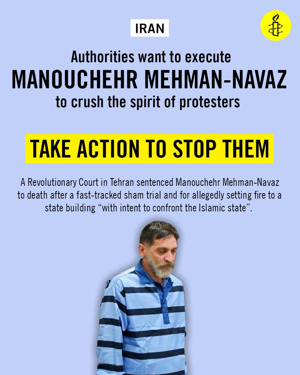 A Revolutionary Court in Tehran sentenced #ManouchehrMehmanNavaz to death for allegedly setting fire to a state building during protests “with intent to confront the Islamic state”. The court ruled this amounted to “enmity against God” after a sham trial designed for repression.