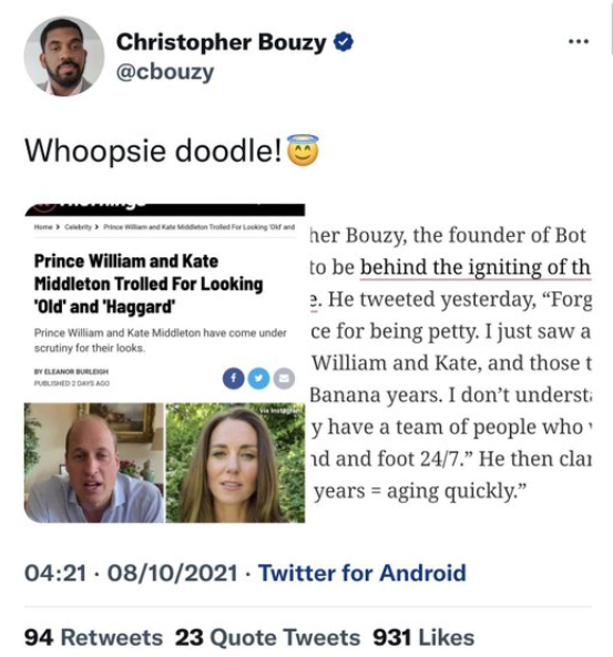 NatetheLawyer's tweet photo. Bouzy is the "harassment campaign" expert in the Harry/Meghan Netflix PR campaign.  

Do you know that he was actually conducting a harassment campaign against Prince William and his wife. 

Let's see if the media will call it out. Making fun of their looks. https://t.co/o8xZ1L6Sqt
