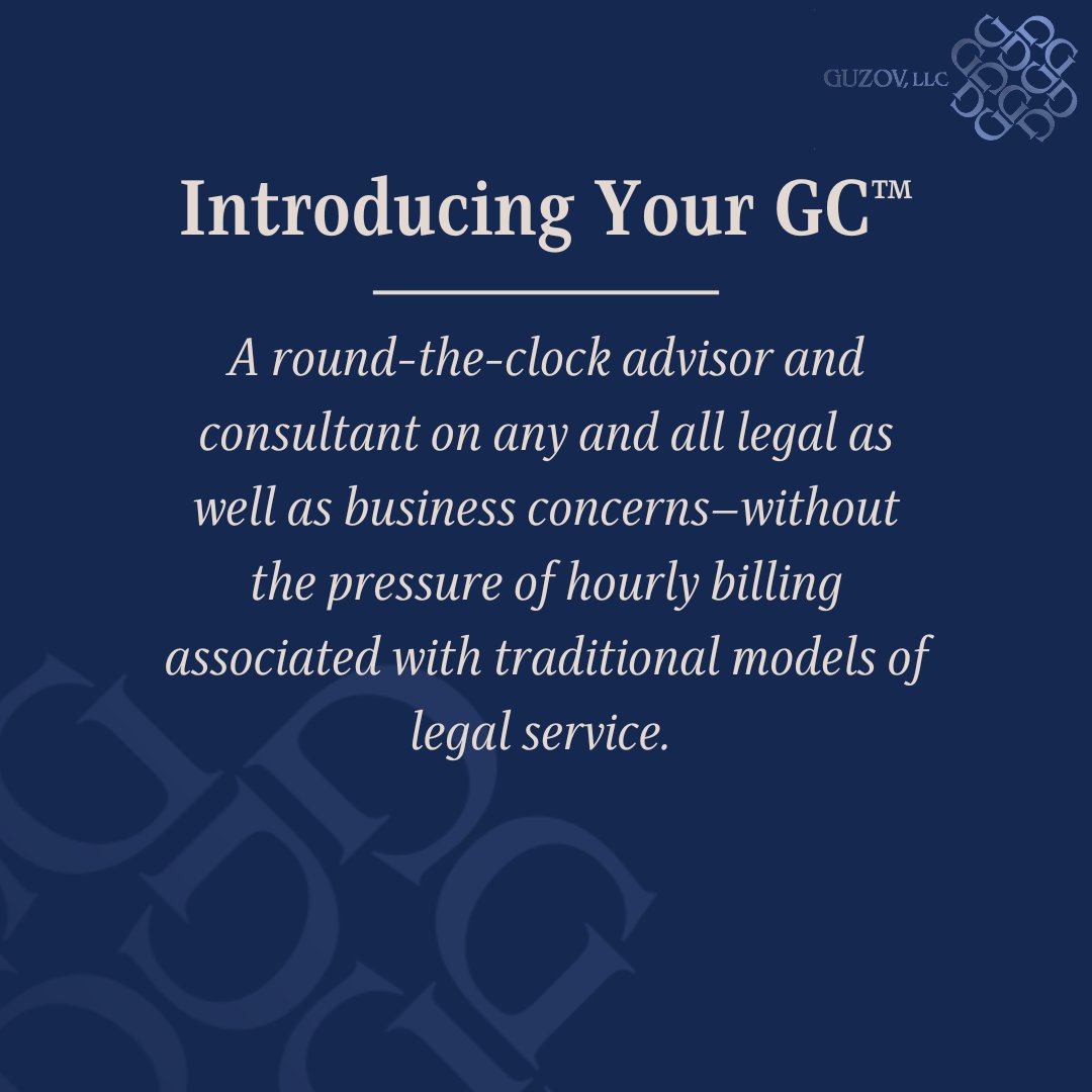 GuzovLLC's tweet photo. Would you like to have the privilege of consulting your lawyer without having to pay an hourly fee? Guzov, LLC is now offering outside general counsel services! Let Your GC™ lead you to success in the new year!

https://t.co/bIxW03hBmF  

#generalcounsel #legalconcierge https://t.co/rydr6gsAGN