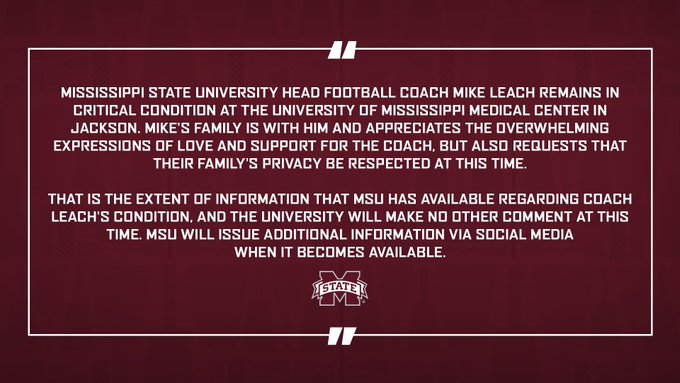 Mike Leach, Mississippi State coach, in critical condition - The Washington  Post