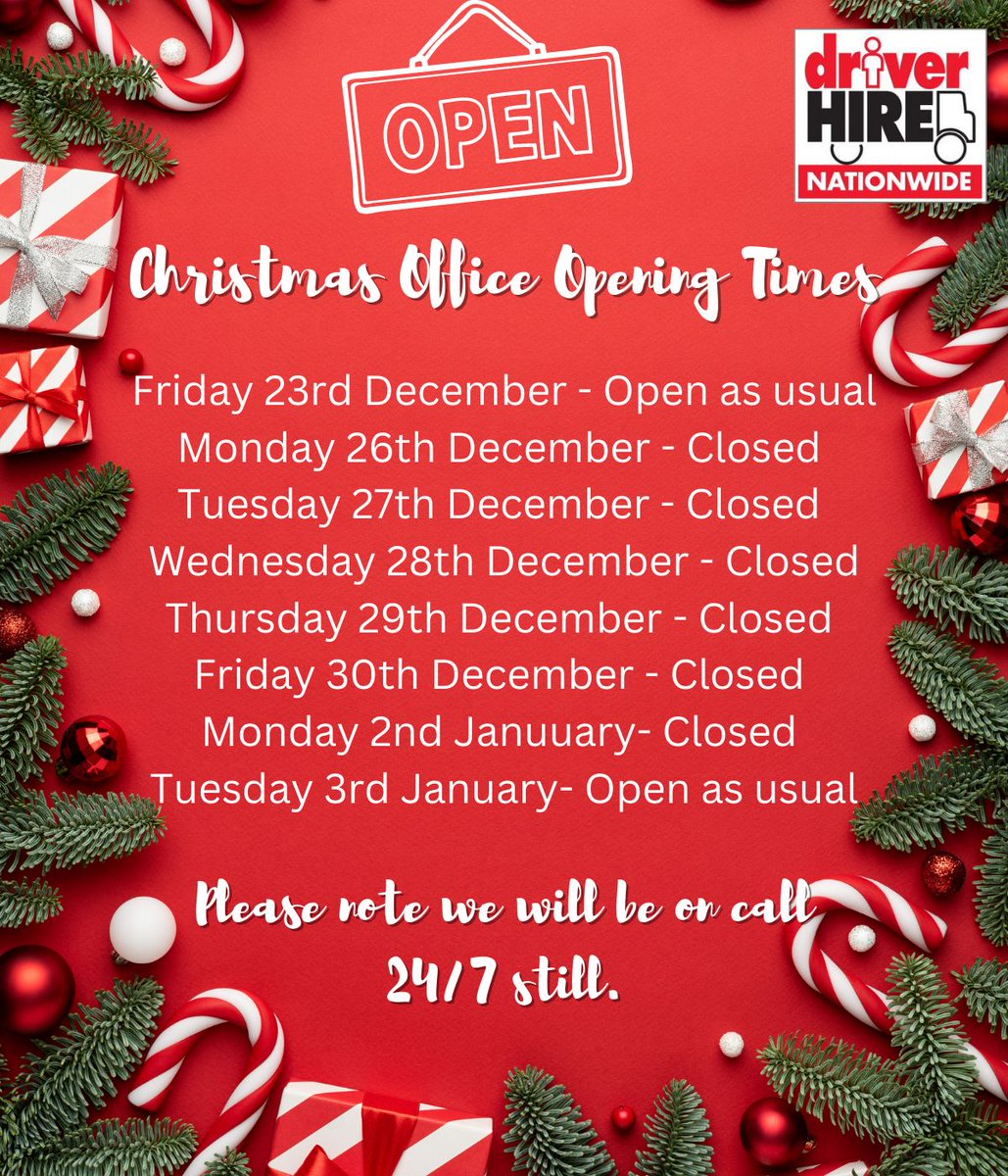 Our opening times over the Christmas period 👇🎅

Please note we will still be on call 24/7 and have access to emails 🎄

We also have drivers willing to work over Christmas, so if you require anyone give us a call on 01206 865586 📞